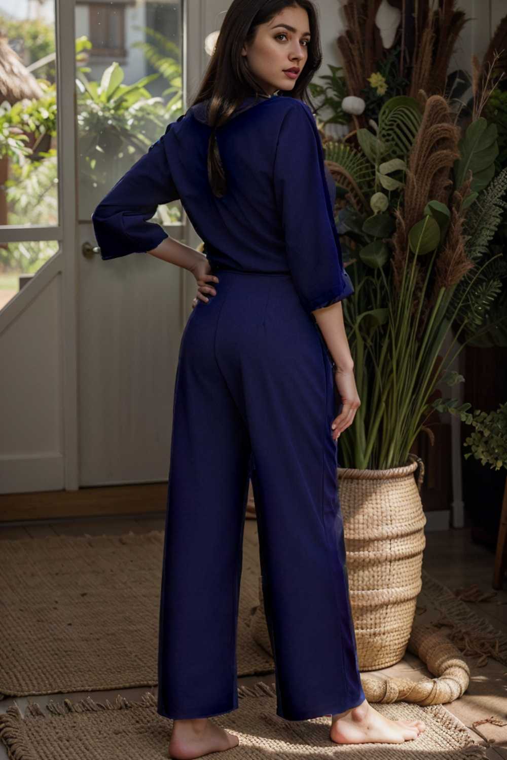 solid five point sleeve belted wide leg jumpsuit 106158