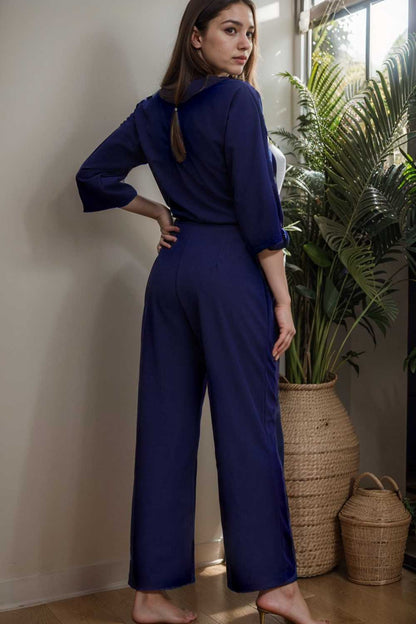 solid five point sleeve belted wide leg jumpsuit 106359