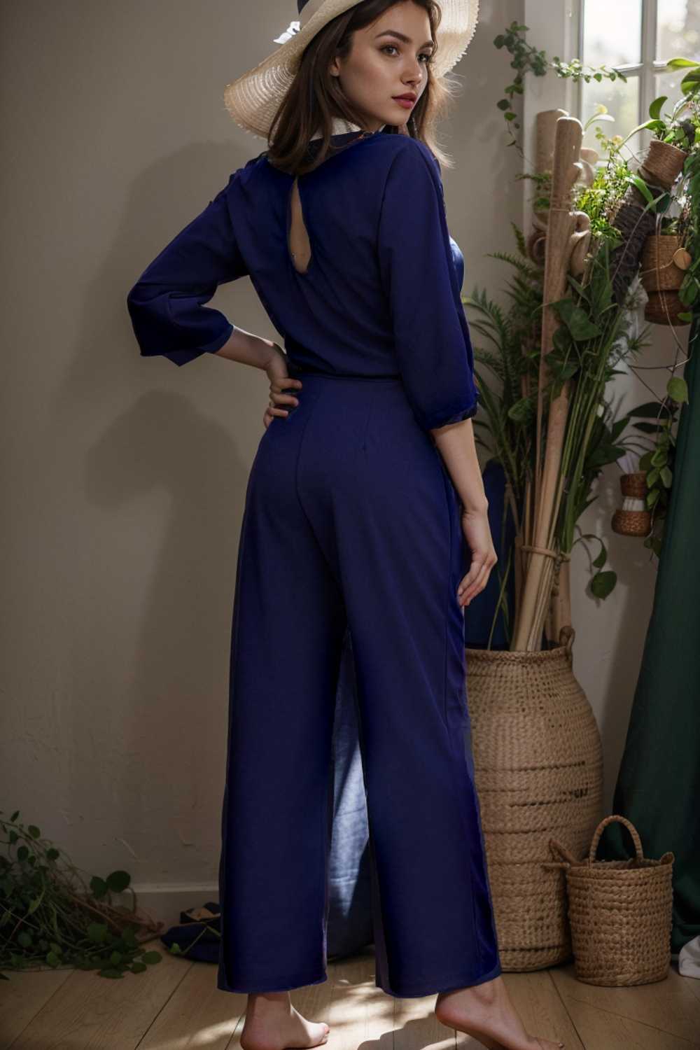 solid five point sleeve belted wide leg jumpsuit 106157