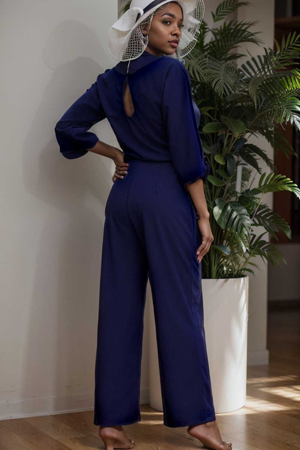 solid five point sleeve belted wide leg jumpsuit 106156