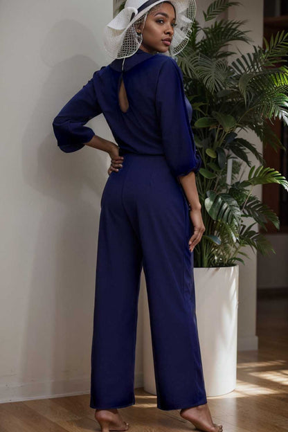 solid five point sleeve belted wide leg jumpsuit 106156