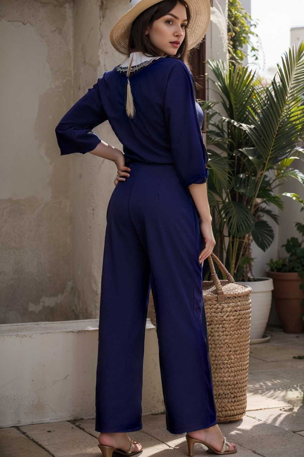 solid five point sleeve belted wide leg jumpsuit 106155