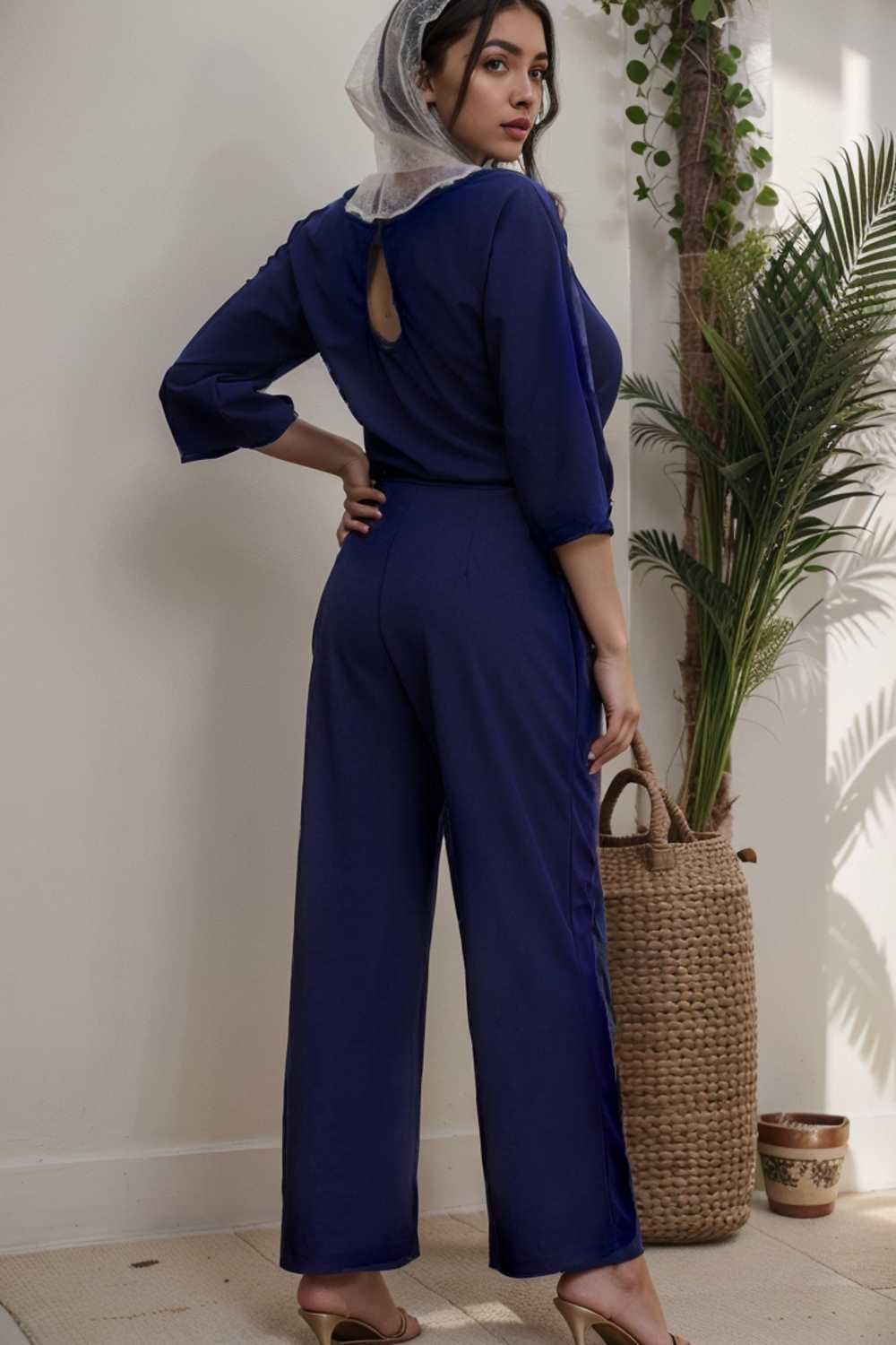 solid five point sleeve belted wide leg jumpsuit 106154
