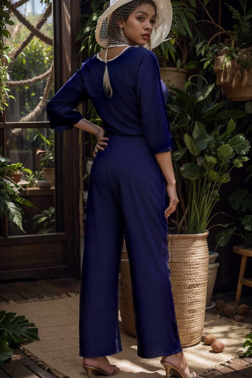 solid five point sleeve belted wide leg jumpsuit 106153