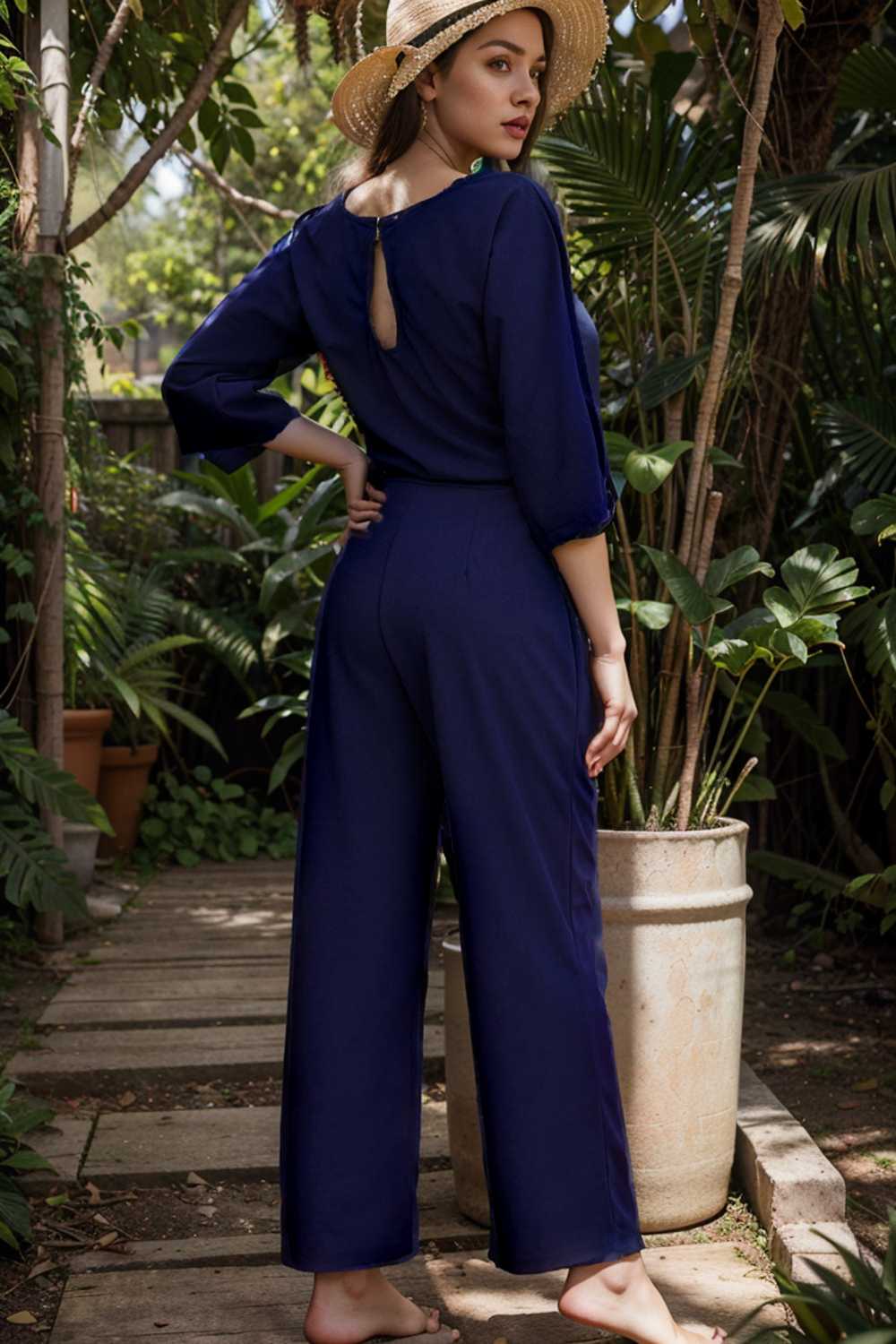 solid five point sleeve belted wide leg jumpsuit 106152