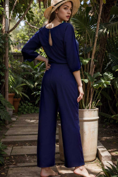 solid five point sleeve belted wide leg jumpsuit 106152
