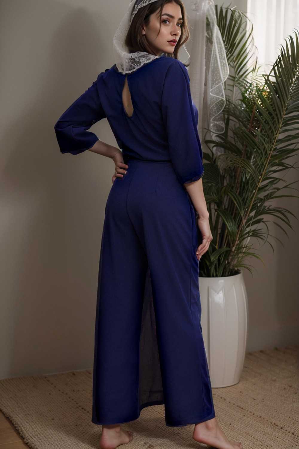 solid five point sleeve belted wide leg jumpsuit 106151