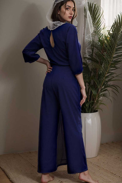 solid five point sleeve belted wide leg jumpsuit 106151
