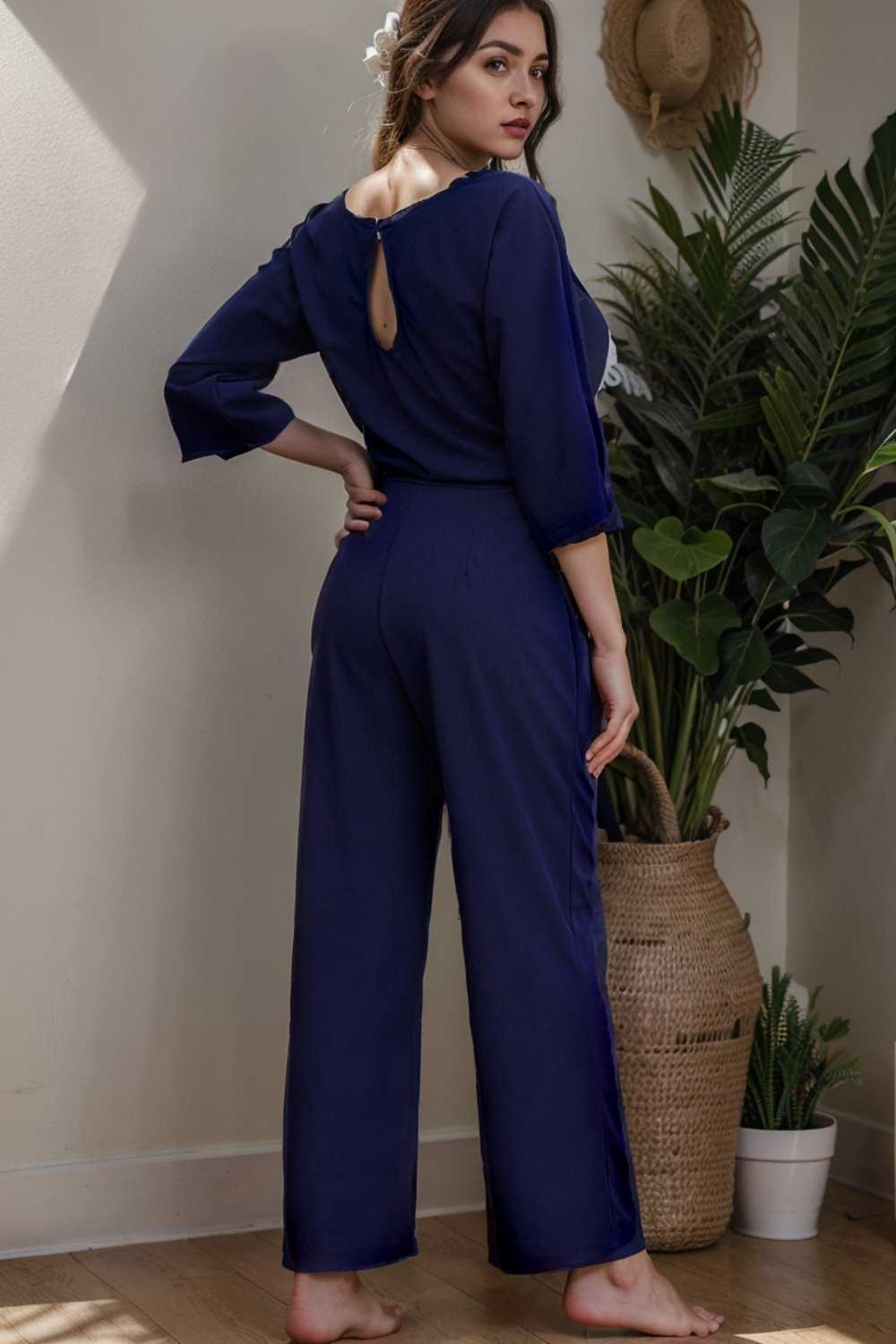 solid five point sleeve belted wide leg jumpsuit 106150