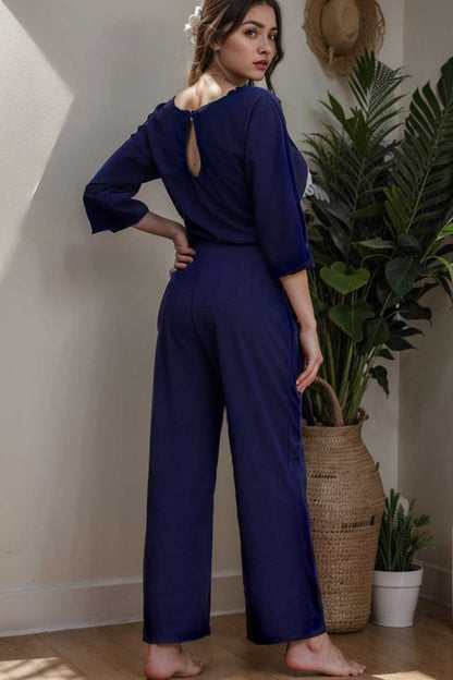 solid five point sleeve belted wide leg jumpsuit 106150