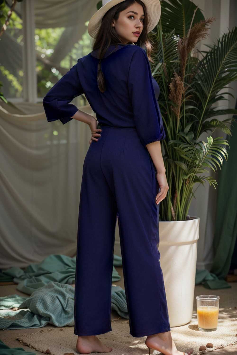 solid five point sleeve belted wide leg jumpsuit 106149
