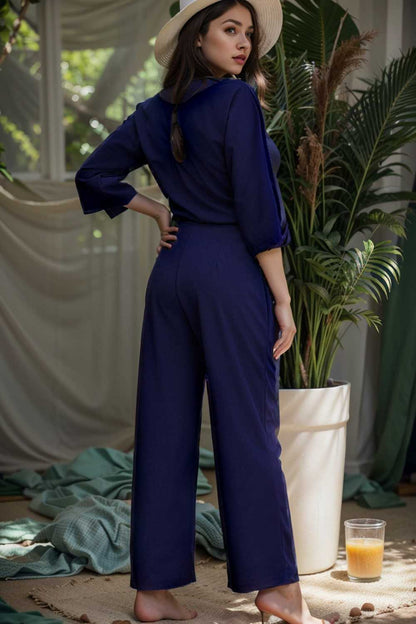 solid five point sleeve belted wide leg jumpsuit 106149