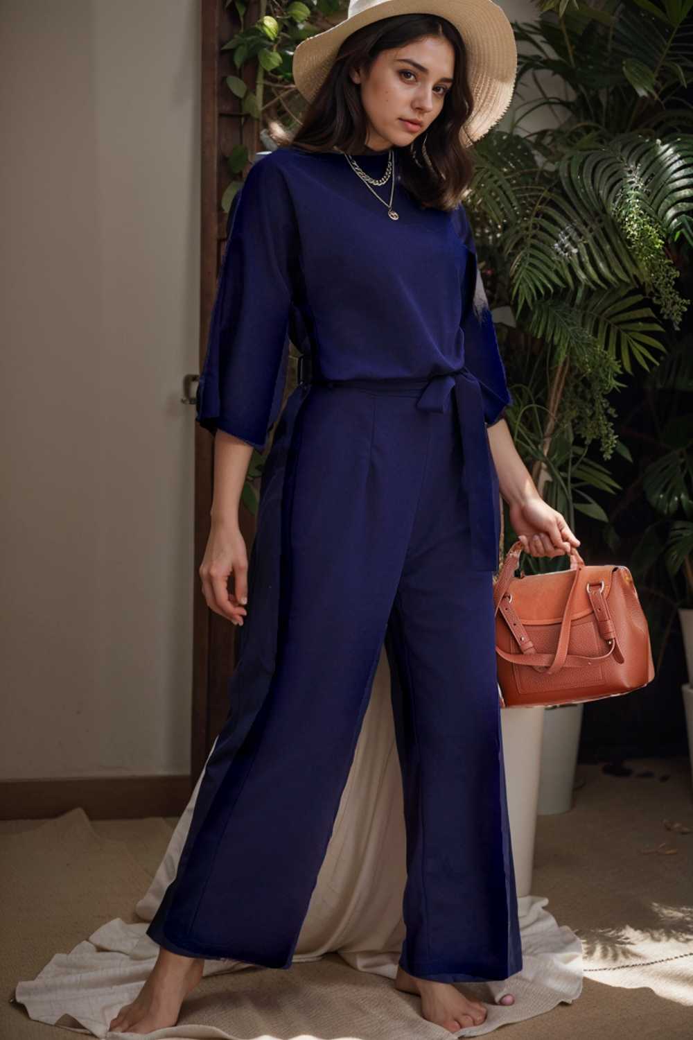 solid five point sleeve belted wide leg jumpsuit 106358