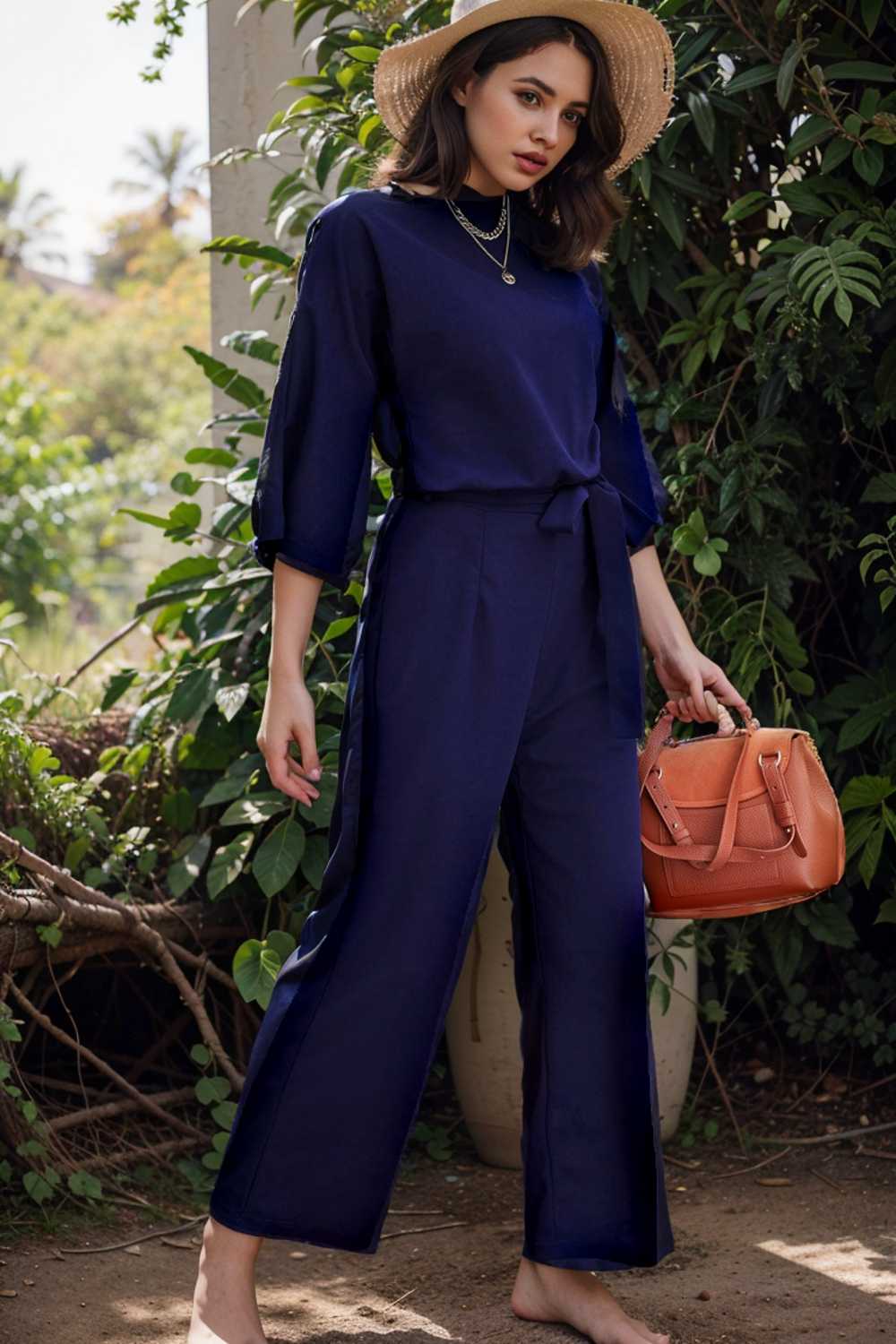 solid five point sleeve belted wide leg jumpsuit 110296