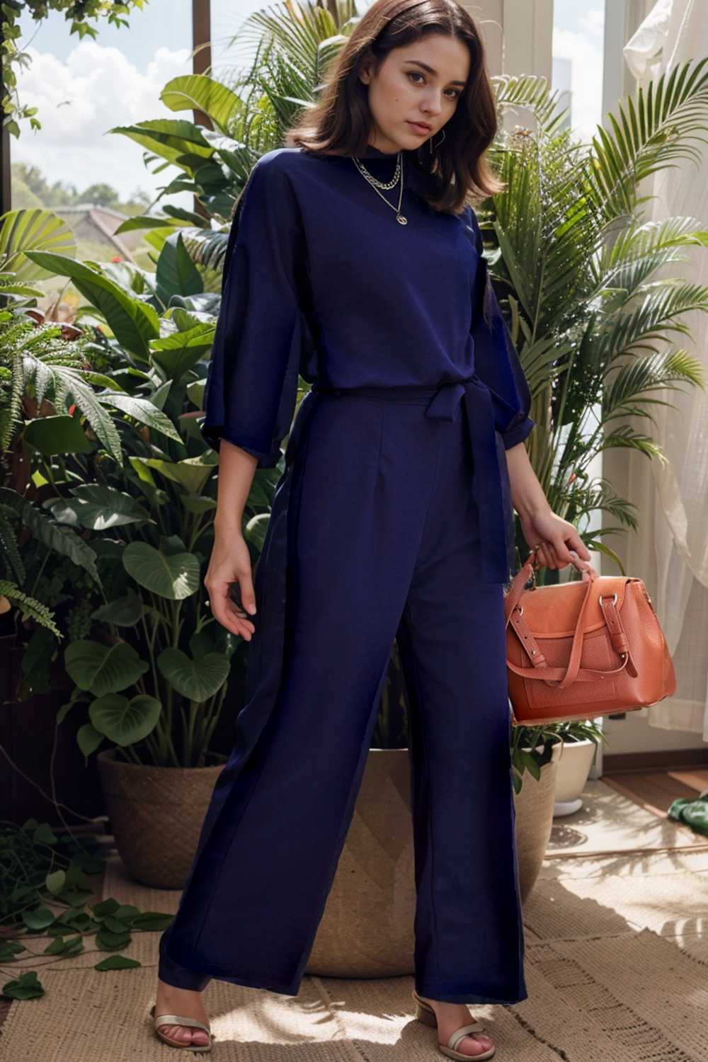 solid five point sleeve belted wide leg jumpsuit 106357