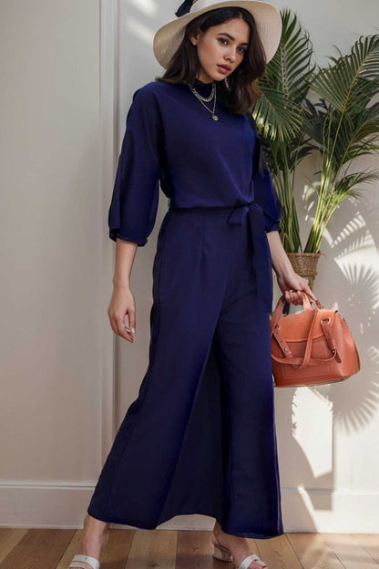 solid five point sleeve belted wide leg jumpsuit 106147