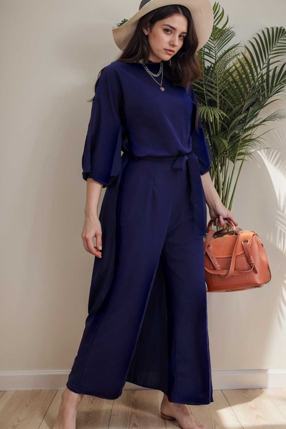 solid five point sleeve belted wide leg jumpsuit 106356