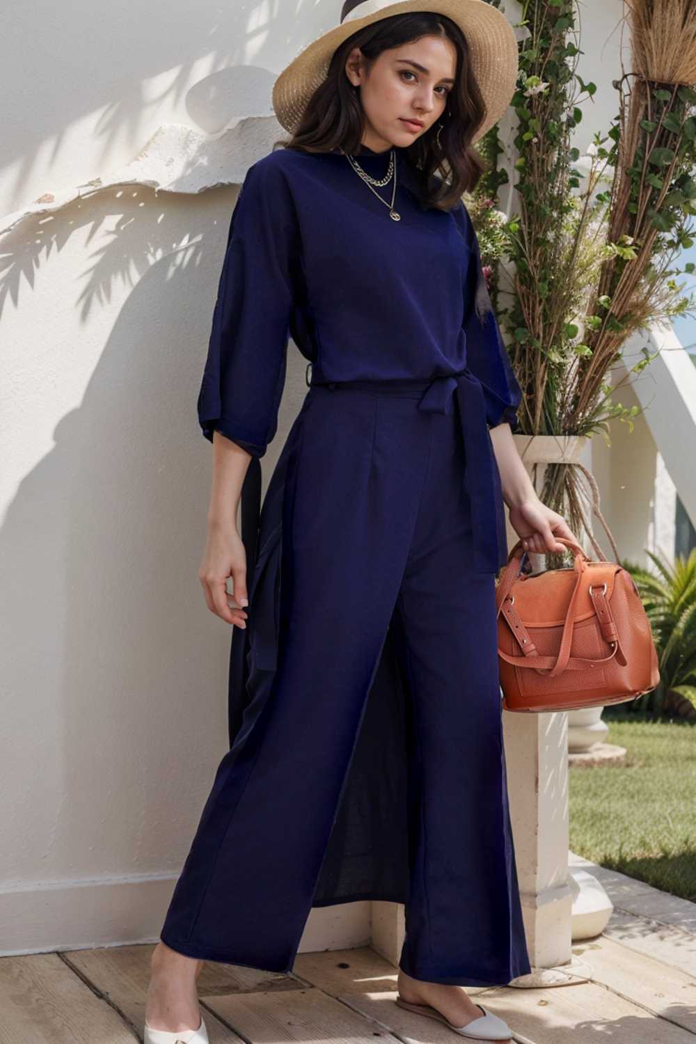 solid five point sleeve belted wide leg jumpsuit 106355
