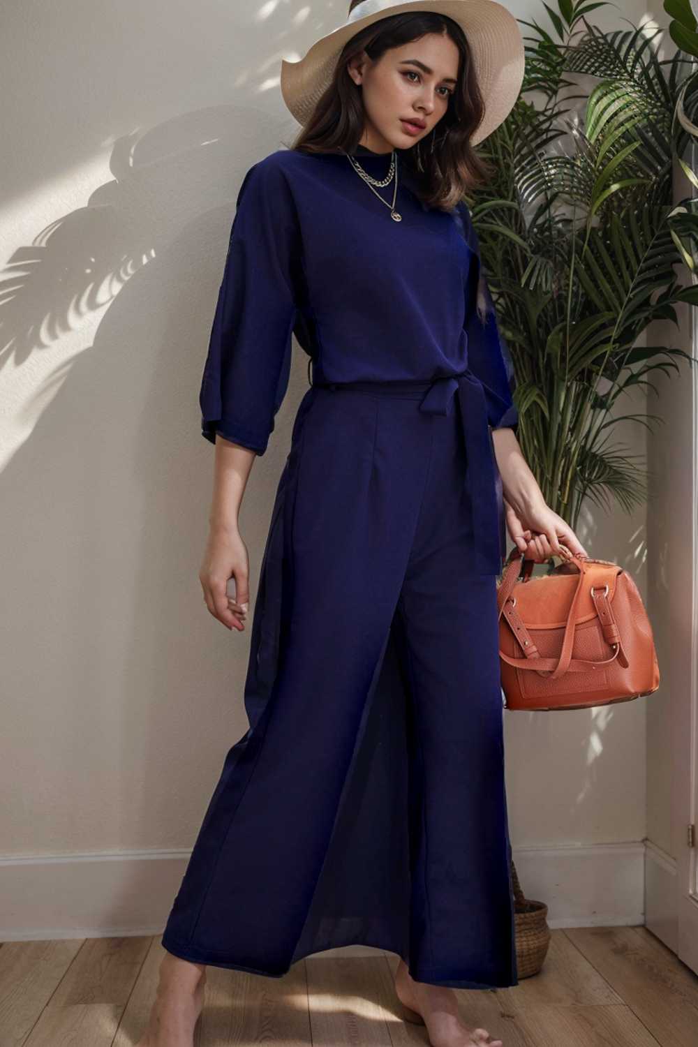 solid five point sleeve belted wide leg jumpsuit 106145