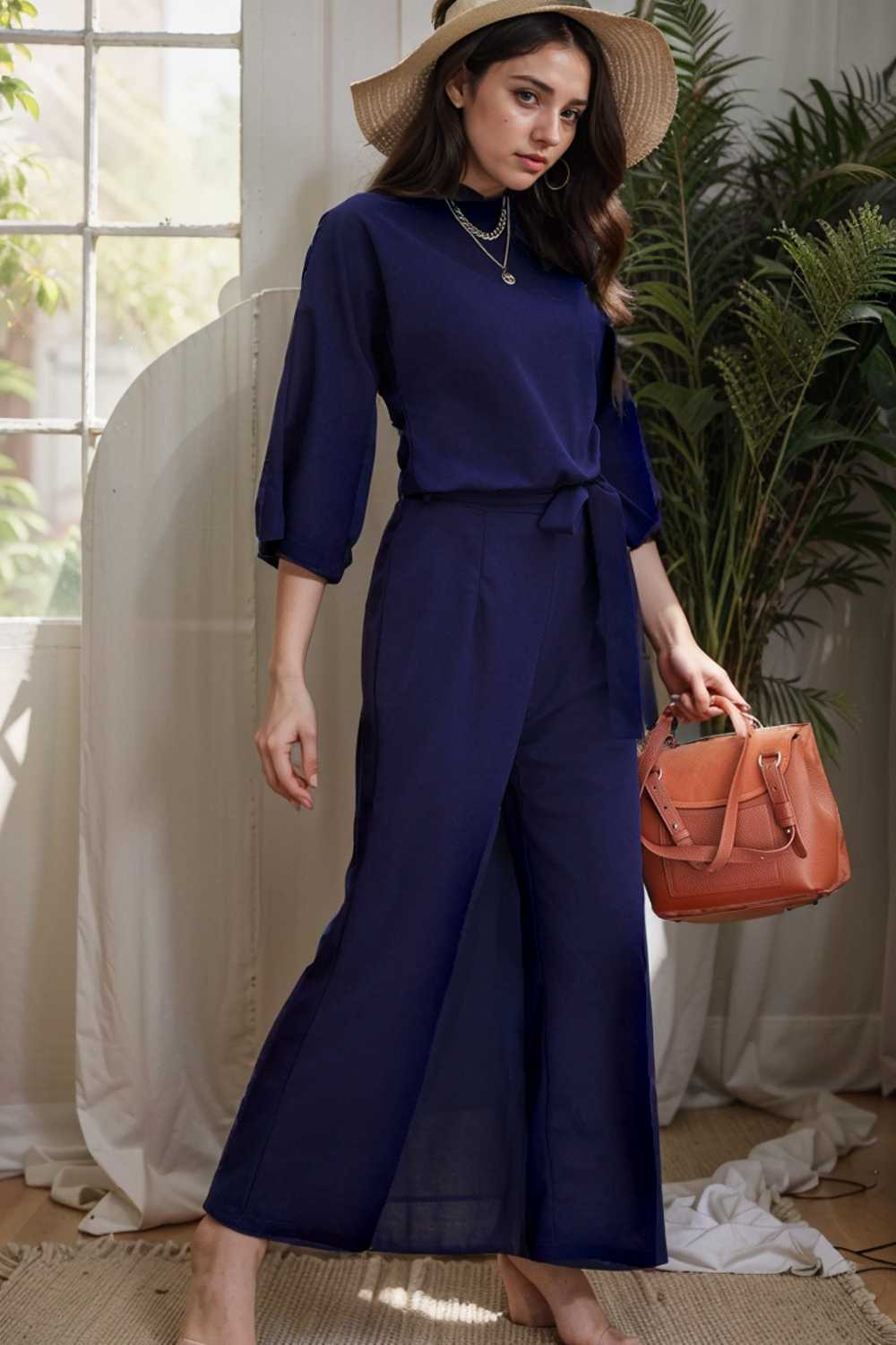 solid five point sleeve belted wide leg jumpsuit 106353