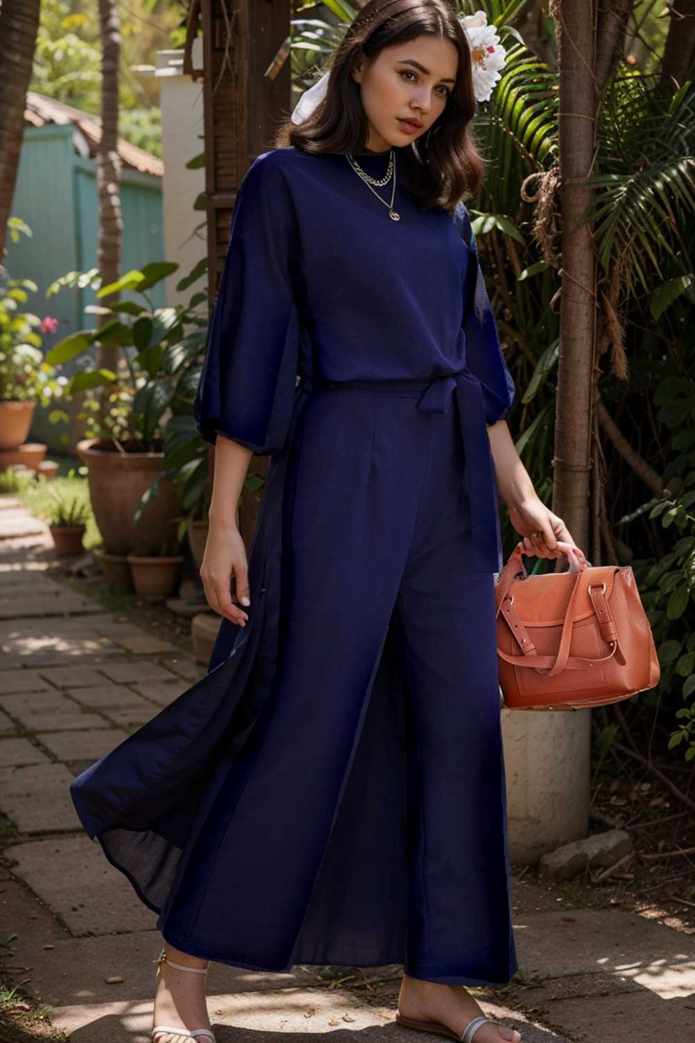 solid five point sleeve belted wide leg jumpsuit 106143