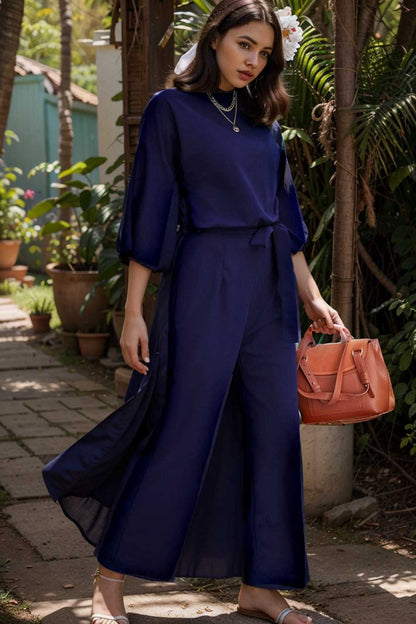 solid five point sleeve belted wide leg jumpsuit 106143