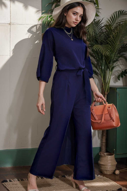 solid five point sleeve belted wide leg jumpsuit 106352