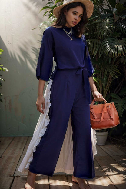 solid five point sleeve belted wide leg jumpsuit 106140