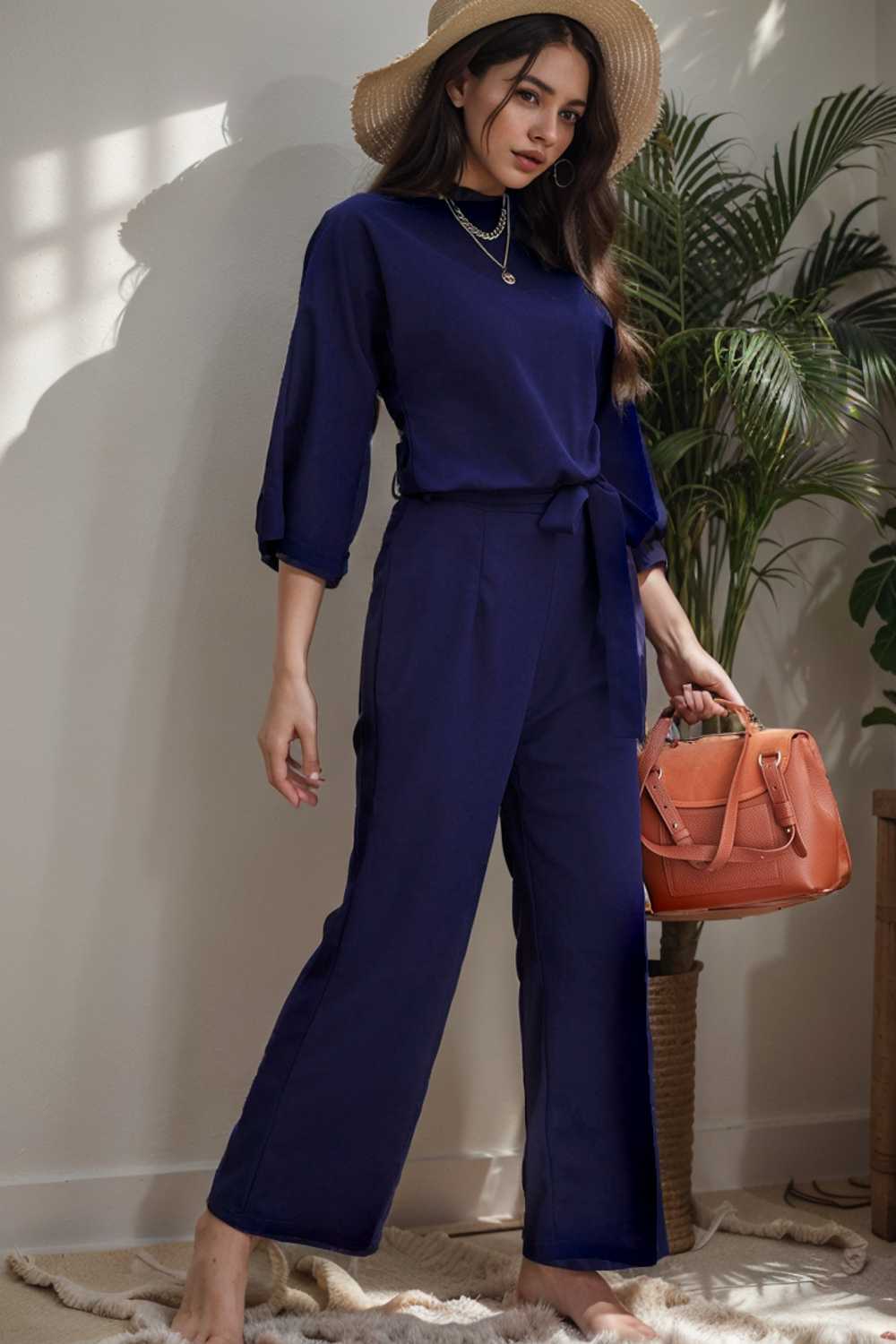 solid five point sleeve belted wide leg jumpsuit 106139