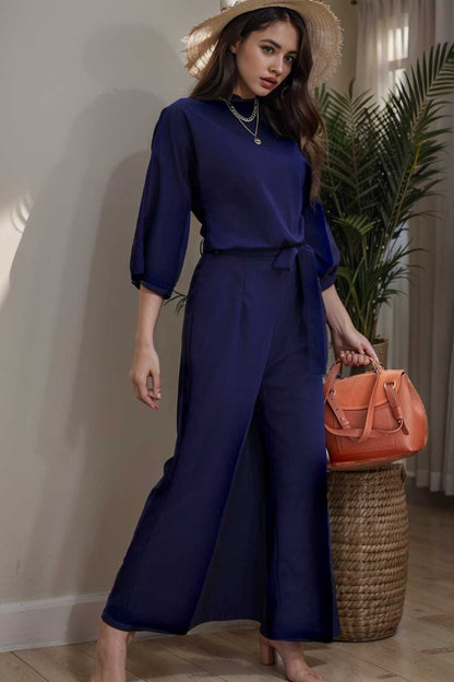 solid five point sleeve belted wide leg jumpsuit 106138