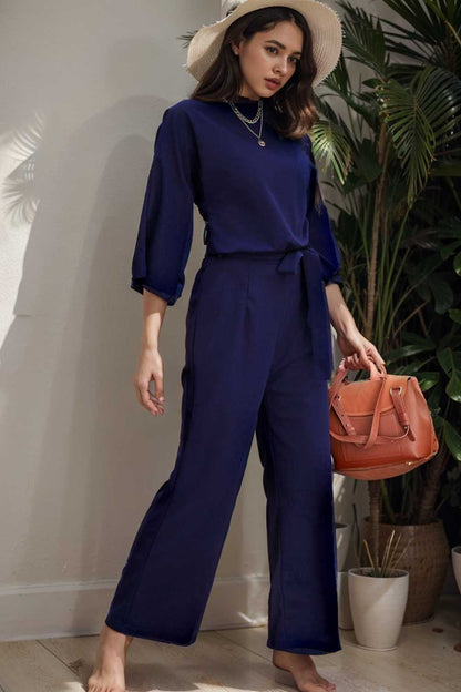 solid five point sleeve belted wide leg jumpsuit 106136