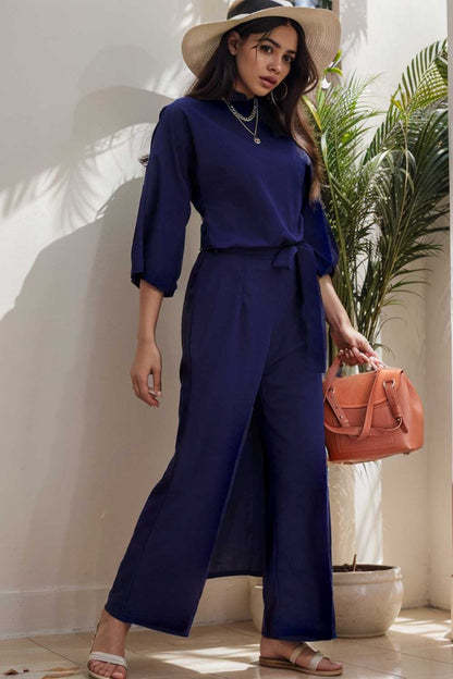 solid five point sleeve belted wide leg jumpsuit 106135