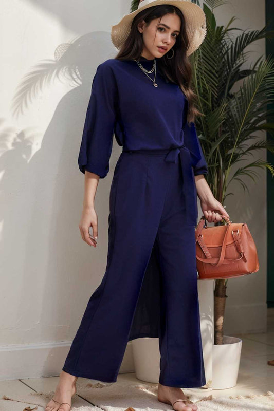 solid five point sleeve belted wide leg jumpsuit 106132