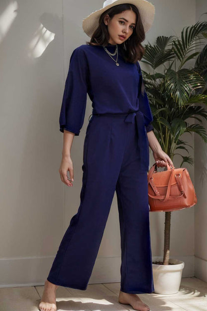 solid five point sleeve belted wide leg jumpsuit 110295