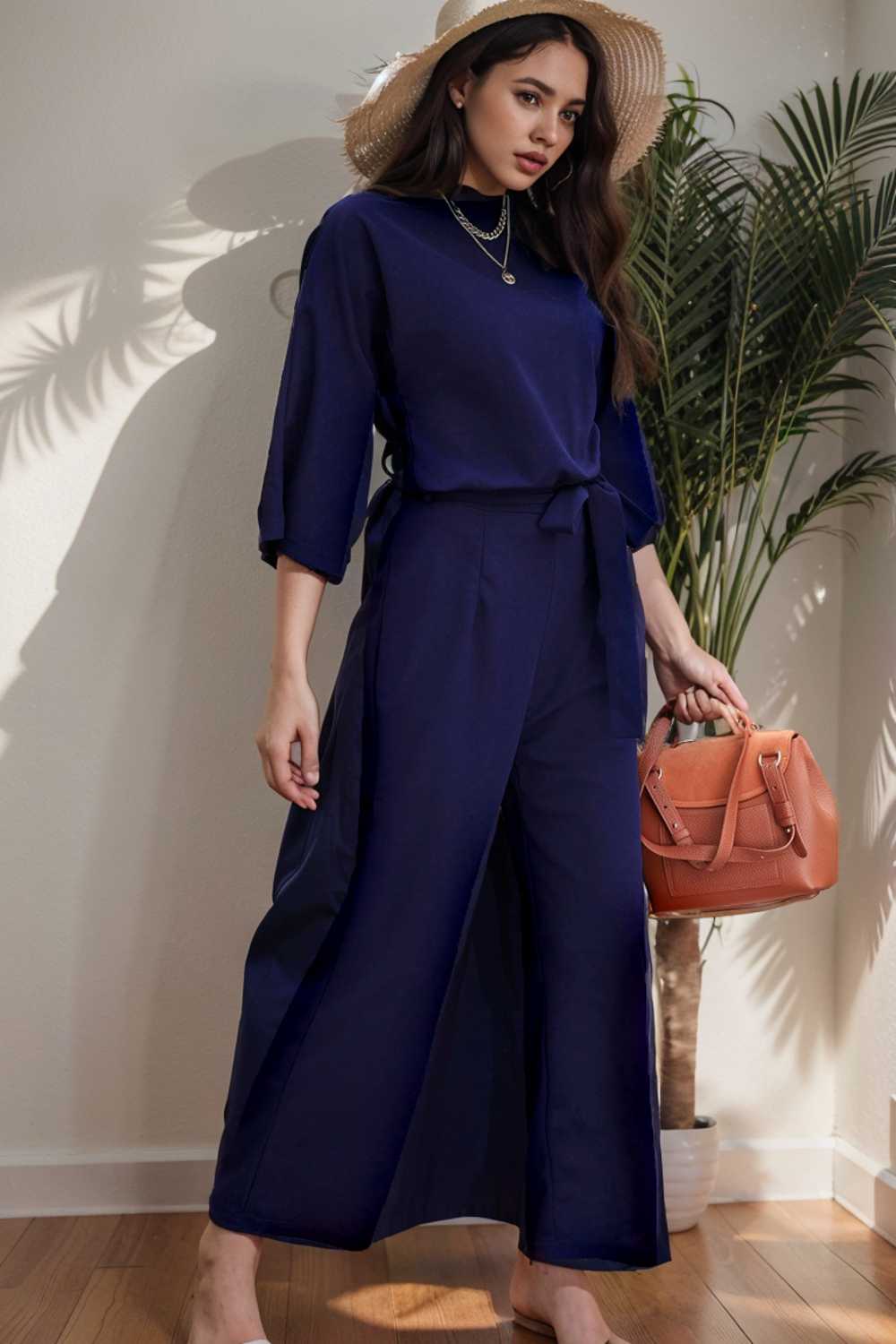 solid five point sleeve belted wide leg jumpsuit 110294