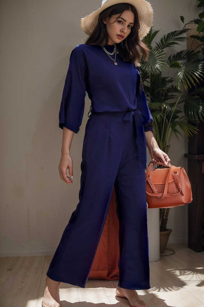 solid five point sleeve belted wide leg jumpsuit 110293