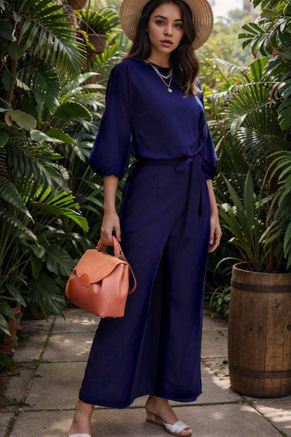 solid five point sleeve belted wide leg jumpsuit 110292