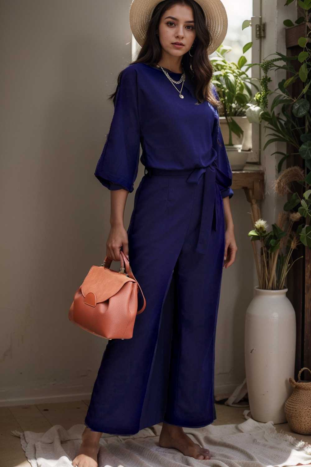 solid five point sleeve belted wide leg jumpsuit 106350