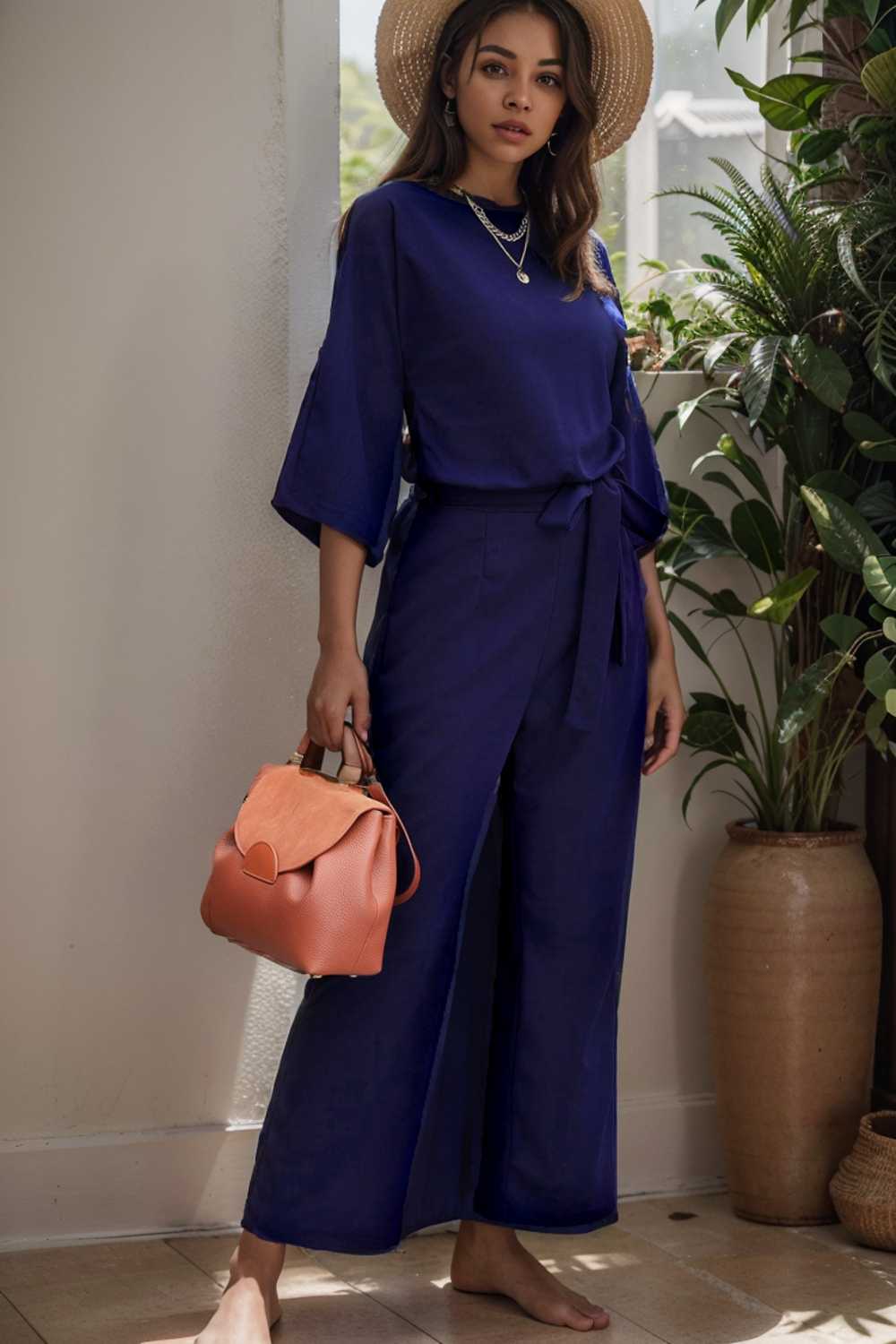 solid five point sleeve belted wide leg jumpsuit 110291