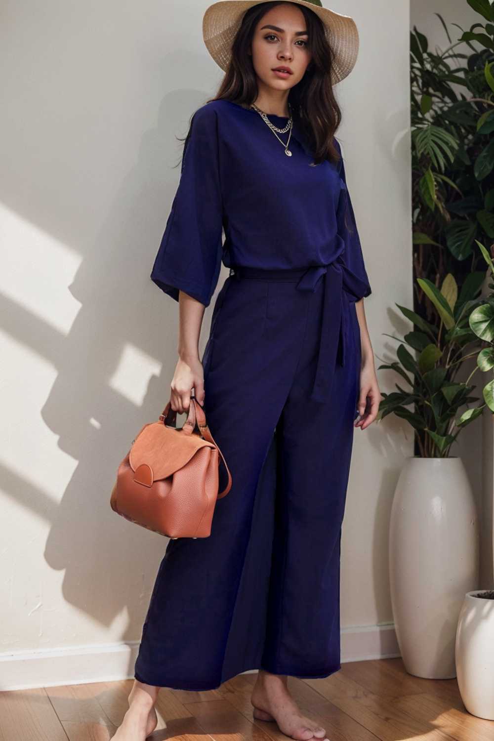 solid five point sleeve belted wide leg jumpsuit 110289