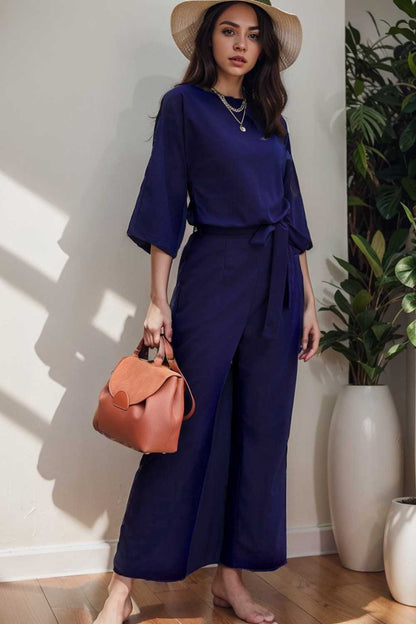 solid five point sleeve belted wide leg jumpsuit 110289