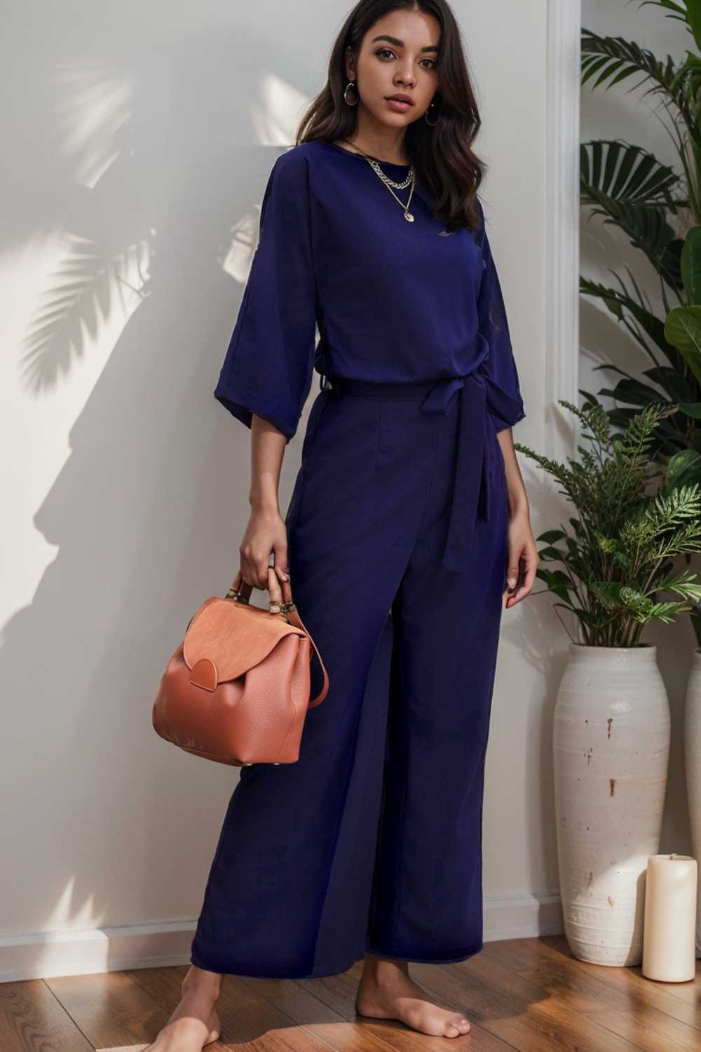 solid five point sleeve belted wide leg jumpsuit 110288