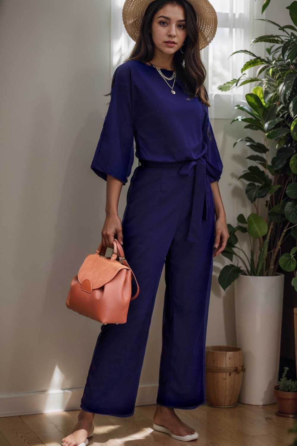 solid five point sleeve belted wide leg jumpsuit 106347
