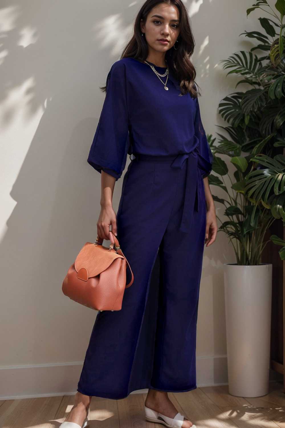 solid five point sleeve belted wide leg jumpsuit 106346