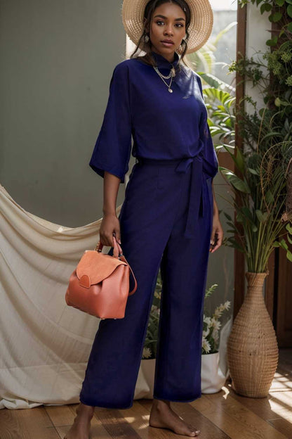 solid five point sleeve belted wide leg jumpsuit 110287
