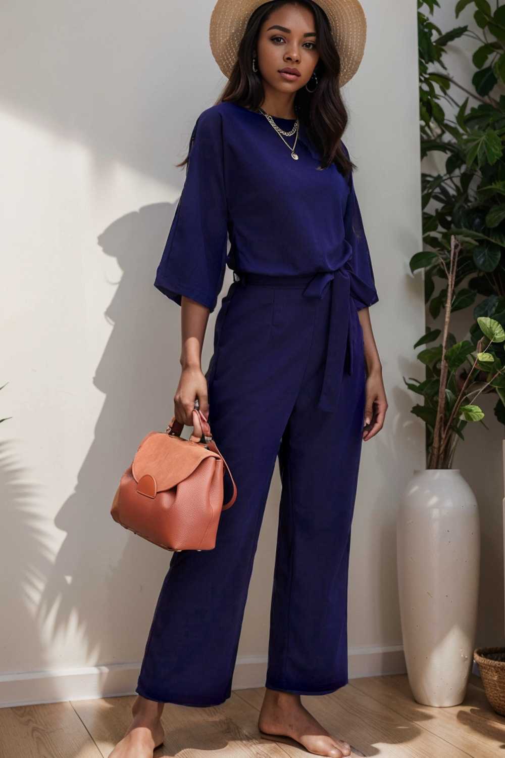 solid five point sleeve belted wide leg jumpsuit 110286