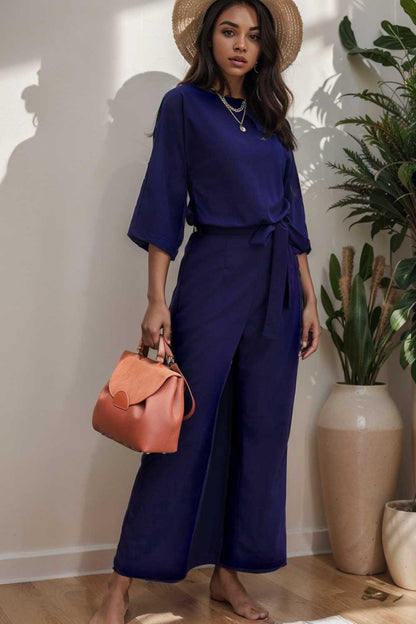 solid five point sleeve belted wide leg jumpsuit 110285