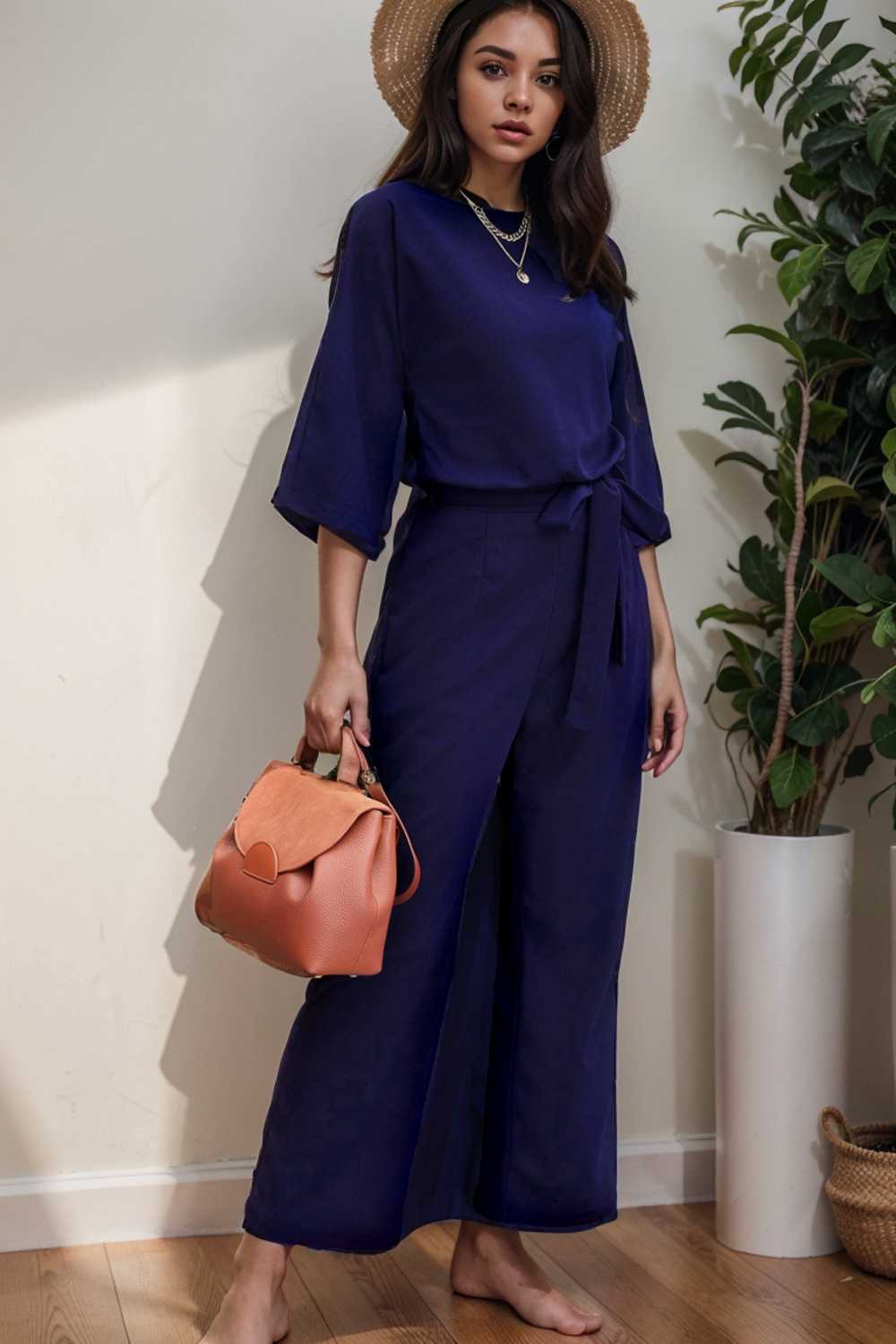 solid five point sleeve belted wide leg jumpsuit 110284