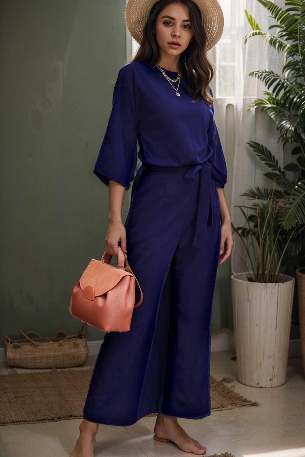 solid five point sleeve belted wide leg jumpsuit 110283
