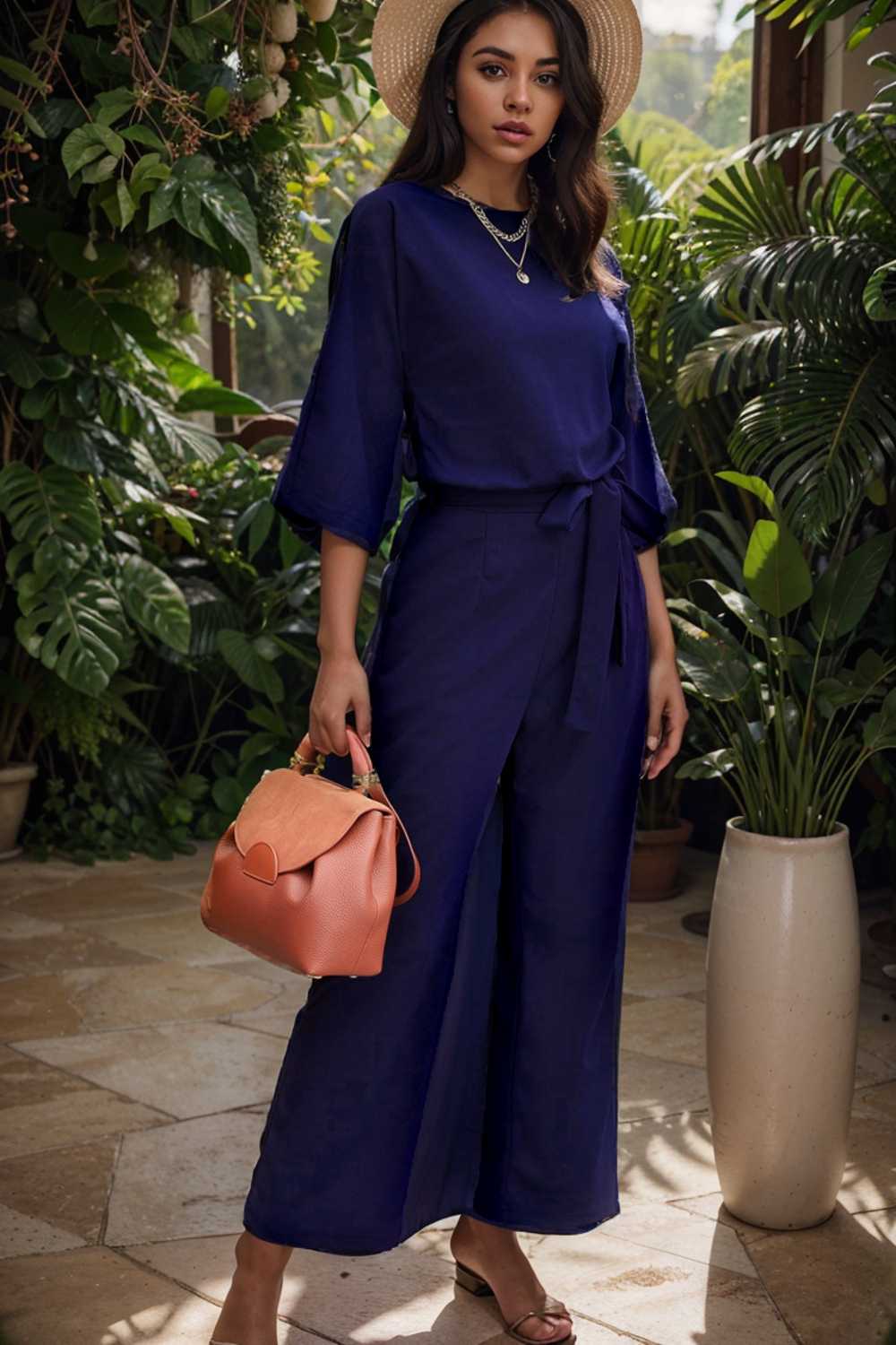 solid five point sleeve belted wide leg jumpsuit 110281